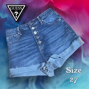 GUESS High Waisted Button Fly Raw Hem Sparkle Logo Jean Shorts Size 27